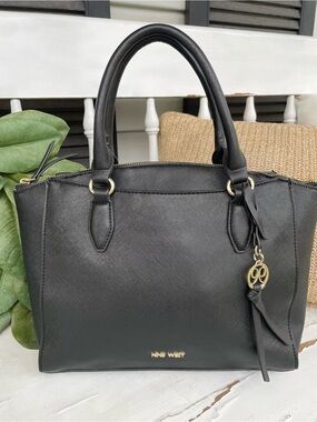 Nine West Jet Set Black Satchel Handbag Purse, Faux Leather
